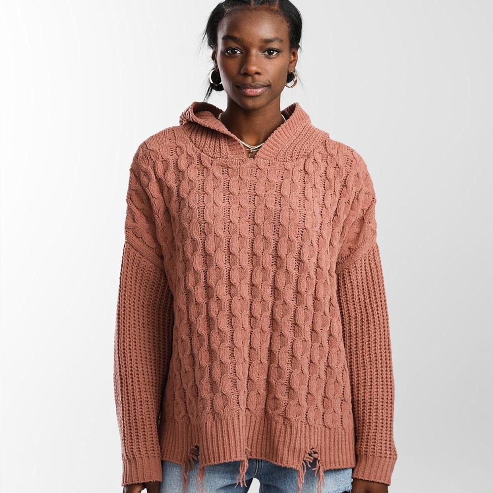 BKE Buckle Chenille Hooded Burlwood Pink Cable Knit Oversized Sweater Size Small